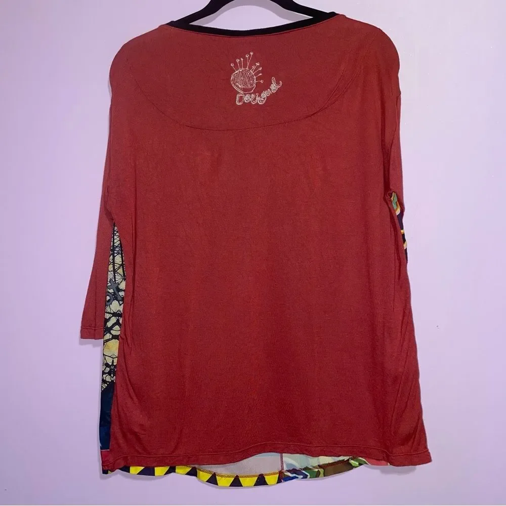 Desigual Rainbow Patchwork Print Blouse Women Size L Art To Wear Artsy Eclectic